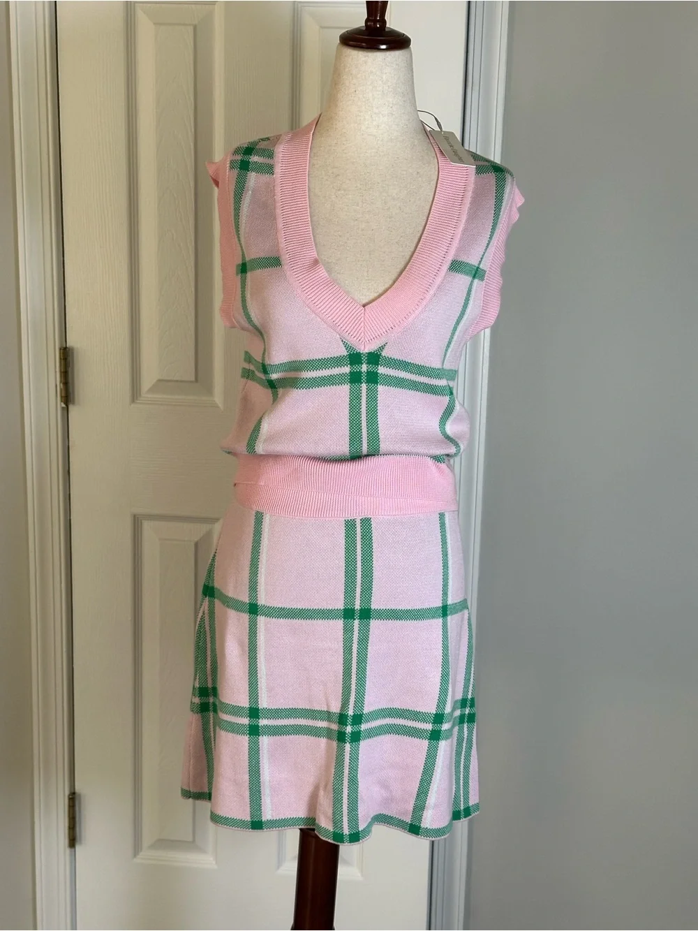 Favorite Daughter Pink and Green Plaid Knit Skirt Set New with Tags